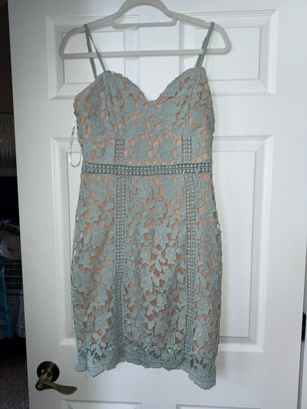 Lulu's Sage Green Lace Midi Dress with Spaghetti Straps